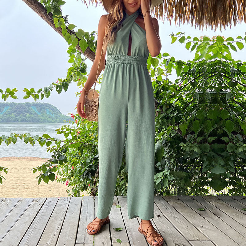 Women's jumpsuit with elegant crossover neckline and flattering elastic waistband, size