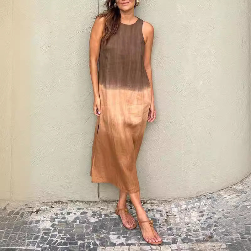GR | Baumwolle Leinen Ärmelloses Schlitz Gradient Kleid