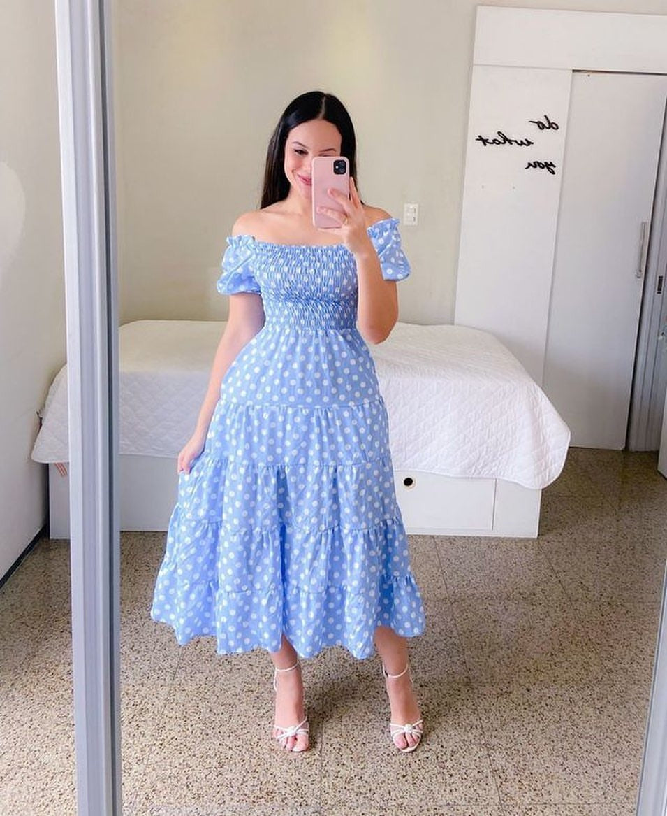 GR | Mode Kurzärmelig Bedruckt Ausgestelltes Midi Kleid