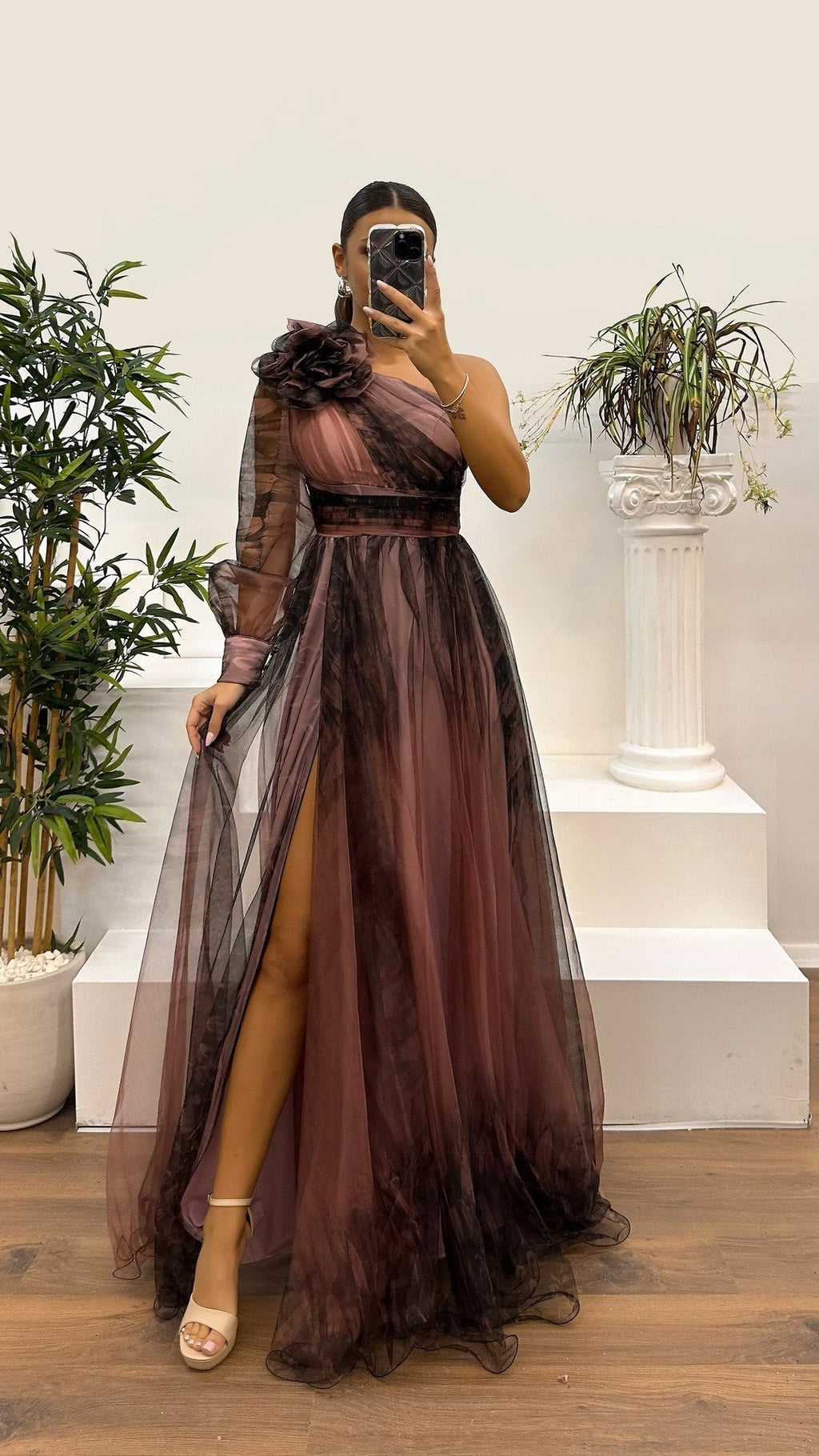 GR | Spring Autumn Off-the-shoulder mesh floral dress Casual Loose Festive dress
