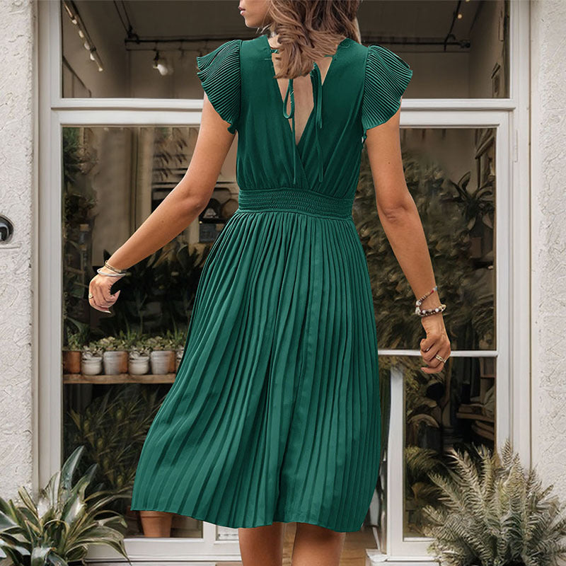 Women's midi dress with elegant pleated detail and V-neck, size