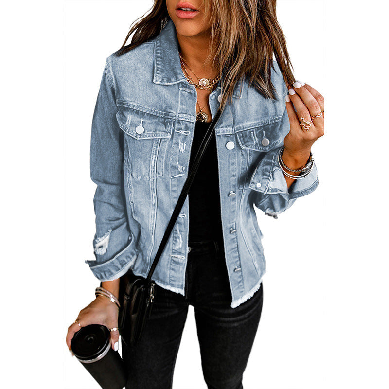 Women's denim jacket with a relaxed fit and functional pockets, size
