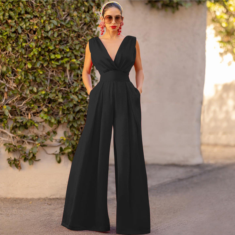 GR | Jumpsuit High Waist Sleeveless Deep V-neck Wide Leg Elegant Fit