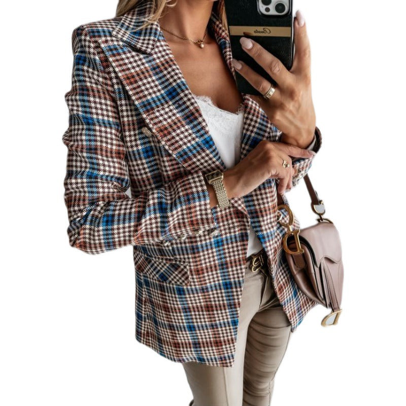 Women's stylish blazer jacket with double button placket and elegant silver details, size [size missing]