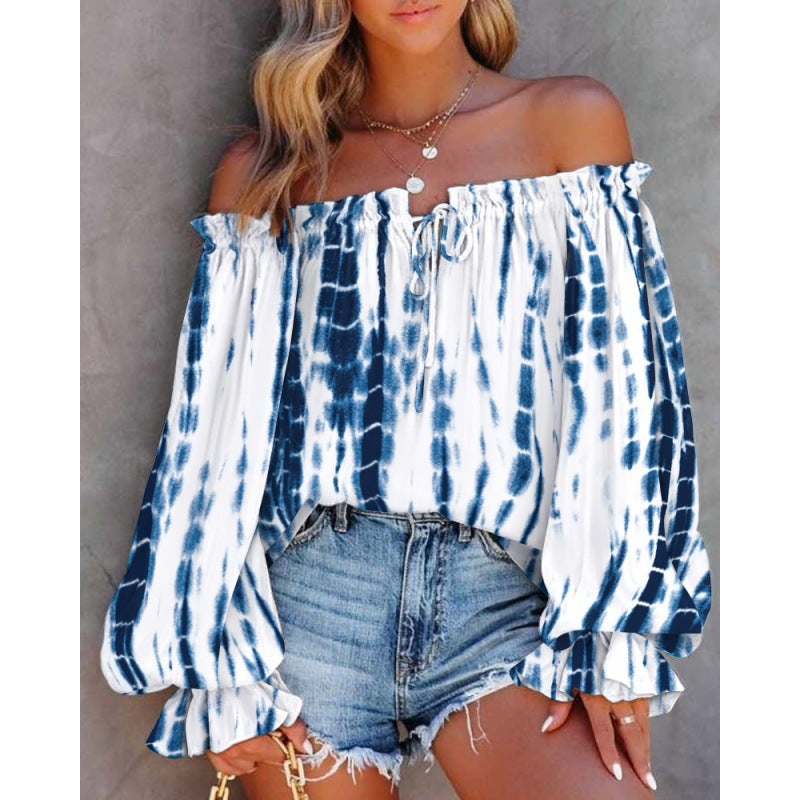Damen Off-Shoulder Bluse mit buntem Muster und elastischem Saum GR