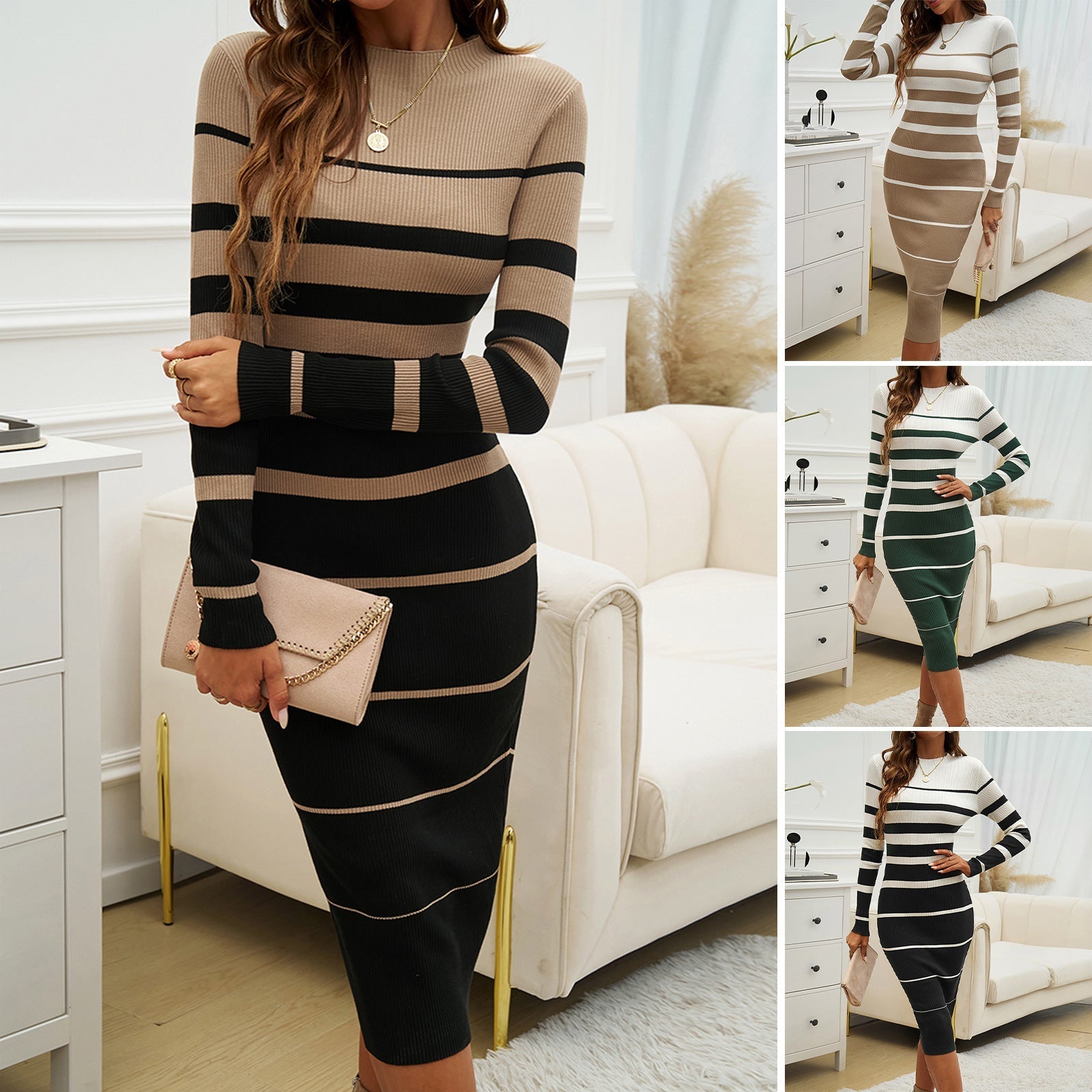 Women's figure-hugging striped midi dress with long sleeves and ribbed texture, size