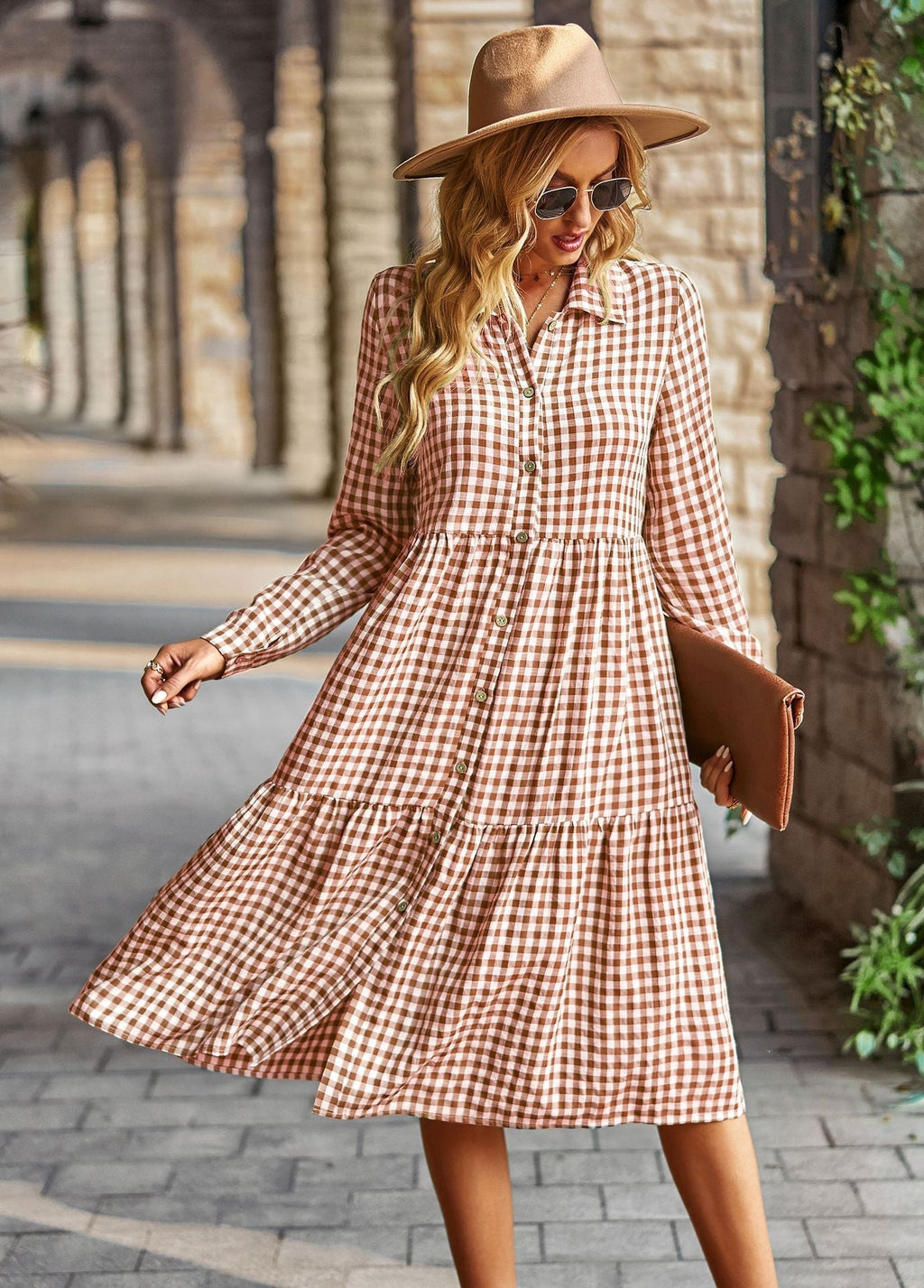 Damen karierte Midi-Bluse mit Knopfleiste und ausgestelltem Rock GR