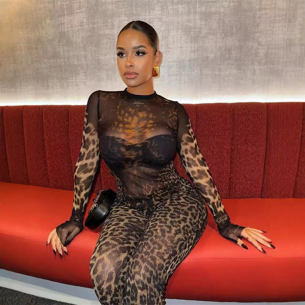 GR | Leopard print long-sleeved top and pants set