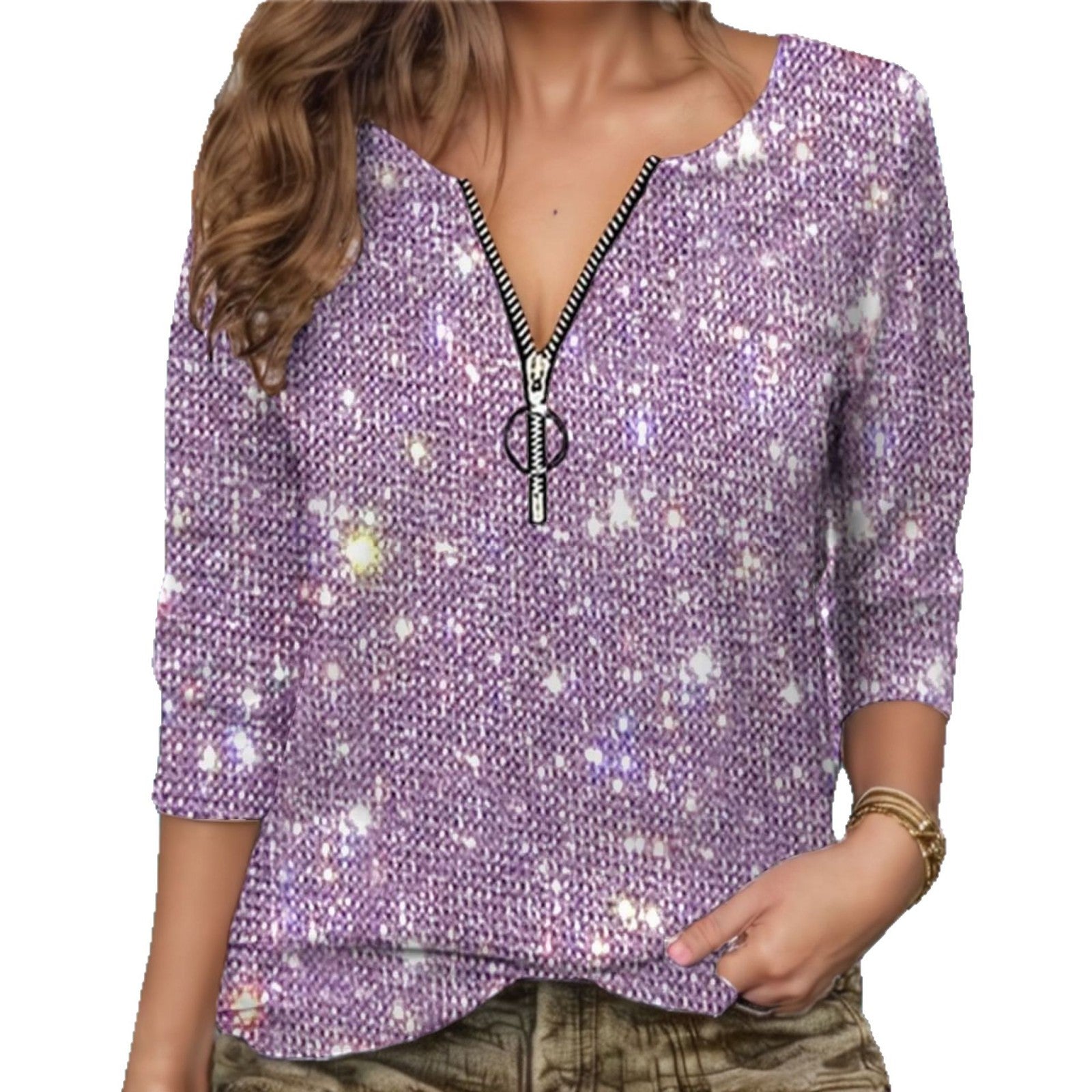 Damen Glitzernde Zip-Bluse mit 3/4-Ärmeln GR