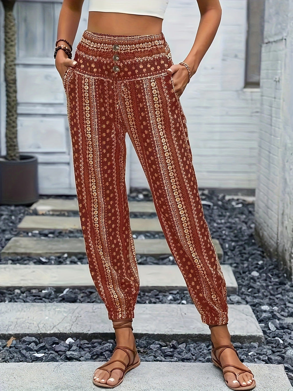Damen Weite Freizeithose mit elastischem Bund und knopfverzierter Taille GR