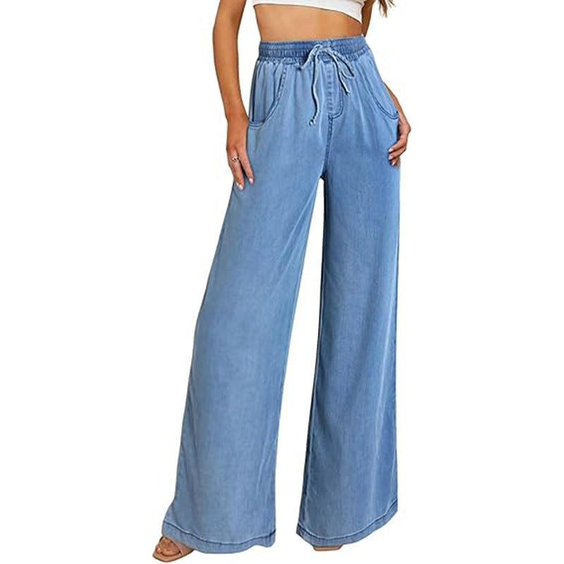 Women's wide-leg jeans with elasticated waistband and side pockets, size
