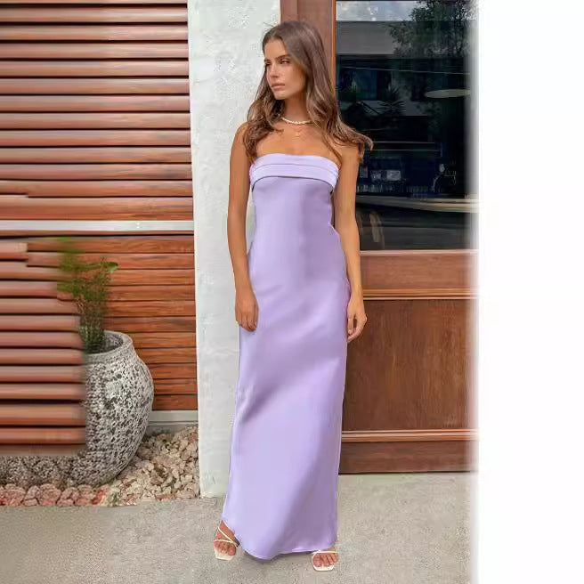 GR | Summer Solid Color Strapless Elastic Backless Satin Dress