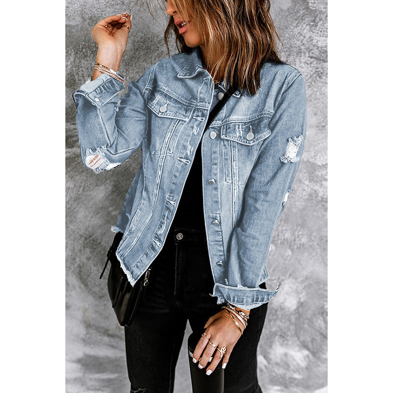 Women's denim jacket with a relaxed fit and functional pockets, size