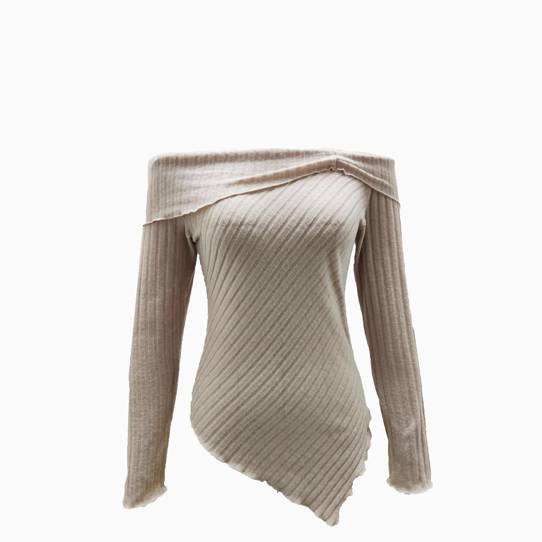 Women's off-the-shoulder ribbed knit top with asymmetrical hem and decorative details, size GR