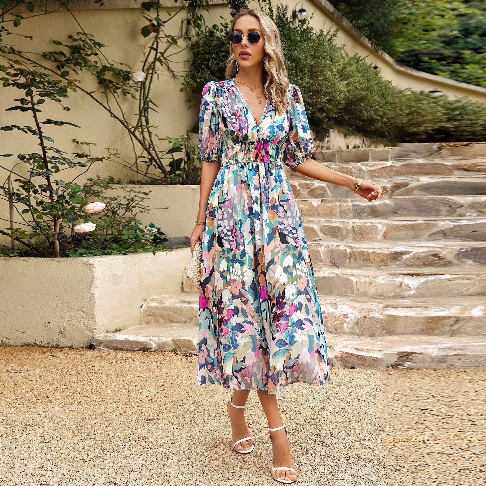 GR | Waist-Lowering V-Neck Printed Long Skirt Dress