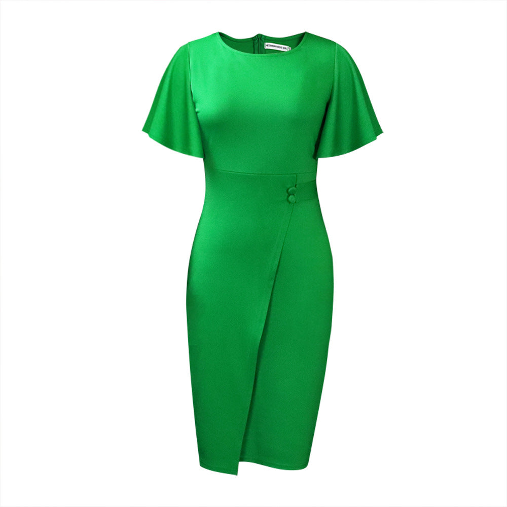 GR | Damen Figurbetont Wickelstil Midi Kleid mit Kurzen Ärmeln