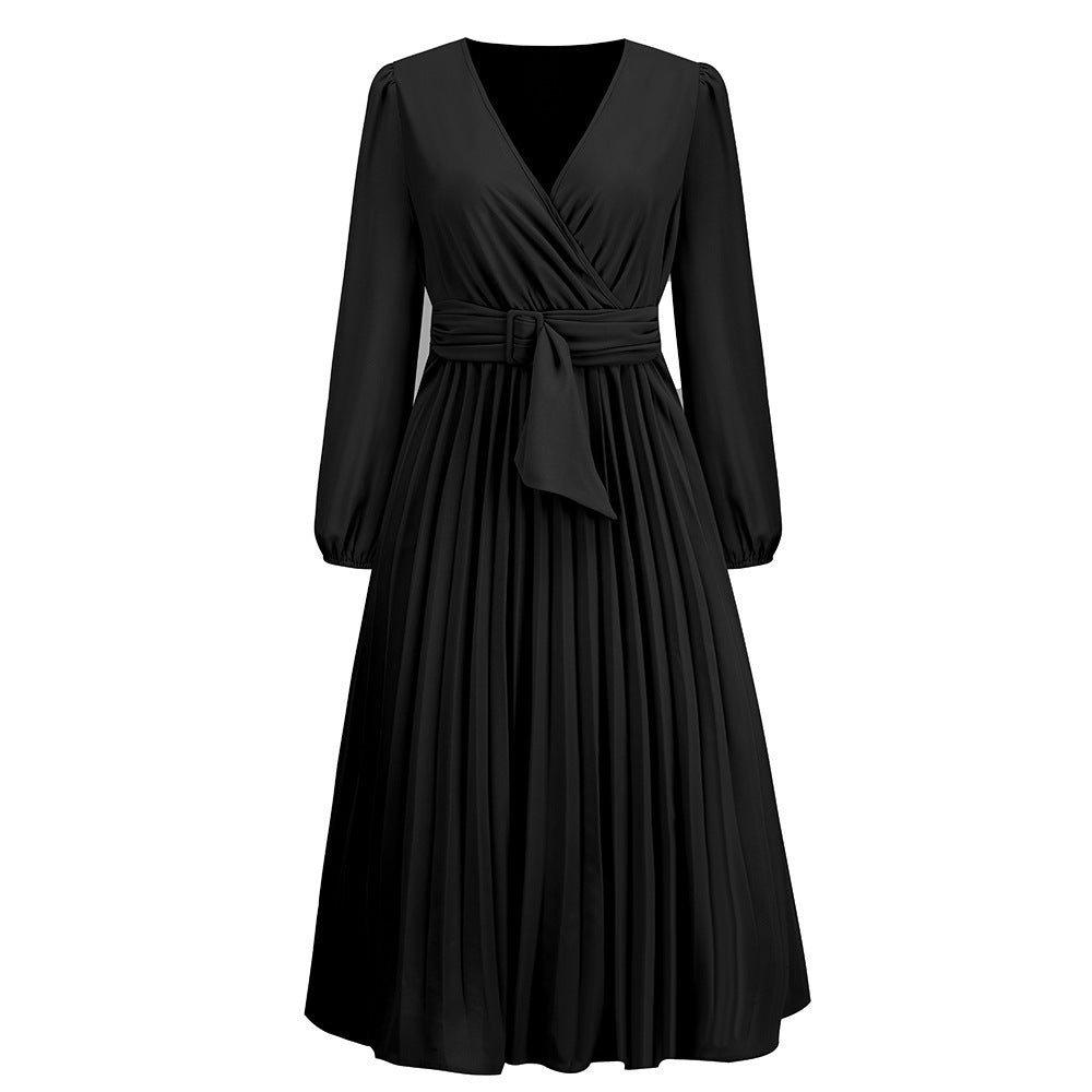Women's wrap dress with pleated design and elegant waist belt, size