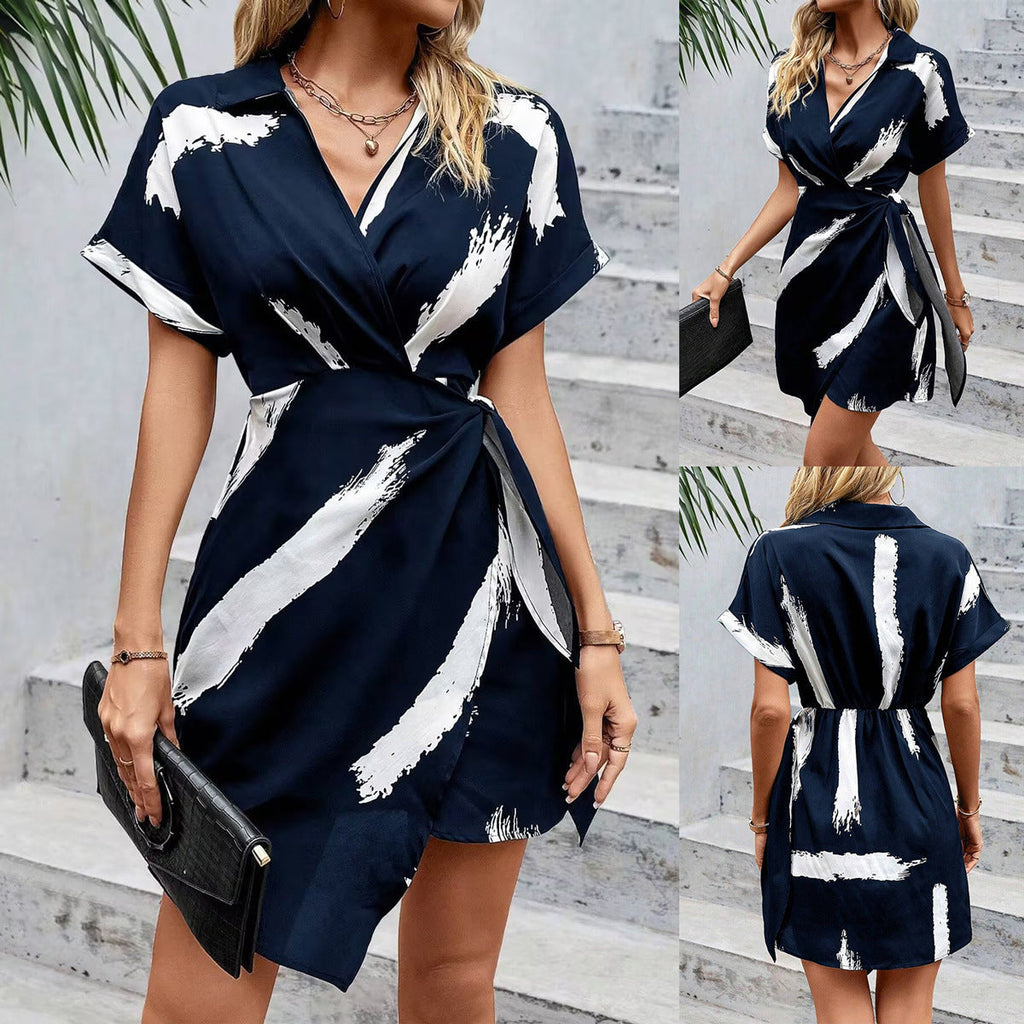 GR | Elegantes bedrucktes V-Ausschnitt-Kleid mit Schleife
