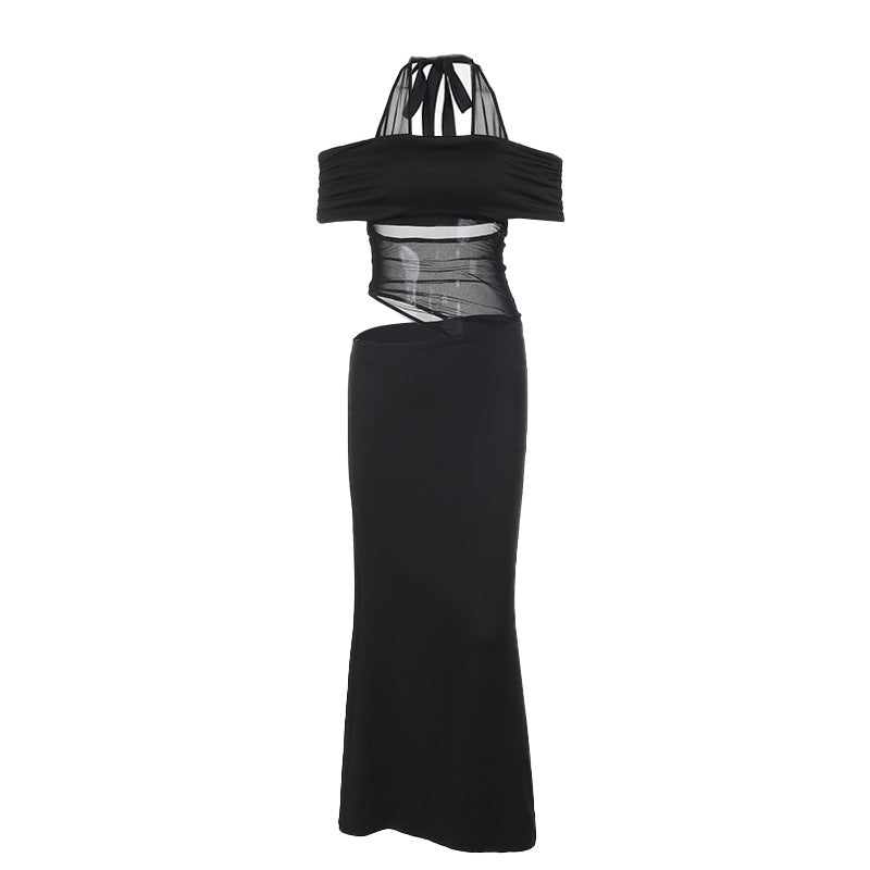 Women's cocktail dress with off-the-shoulder design and sophisticated mesh insert, size S
