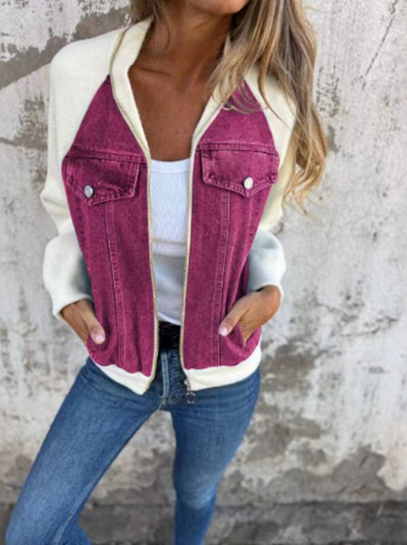 Women's denim jacket with contrasting sleeves and practical pockets, size S
