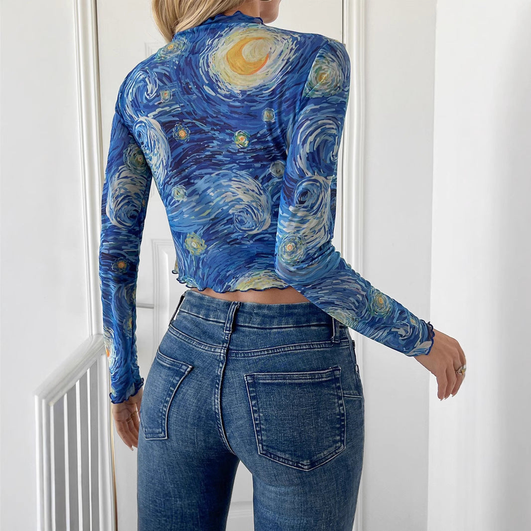GR | Small stand-up collar starry sky mesh short-sleeved T-shirt