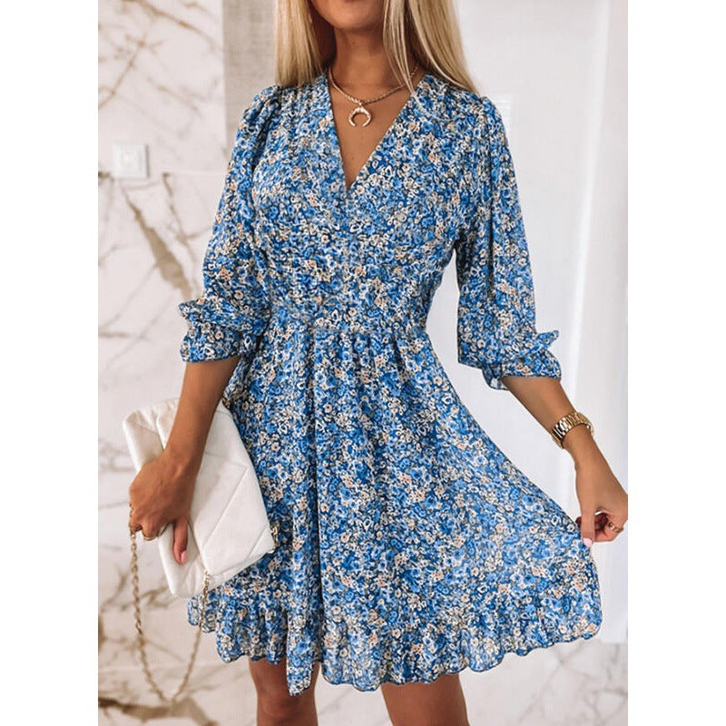 Damen Blusenkleid im romantischen Floral-Design mit V-Ausschnitt und Rüschenärmeln GR