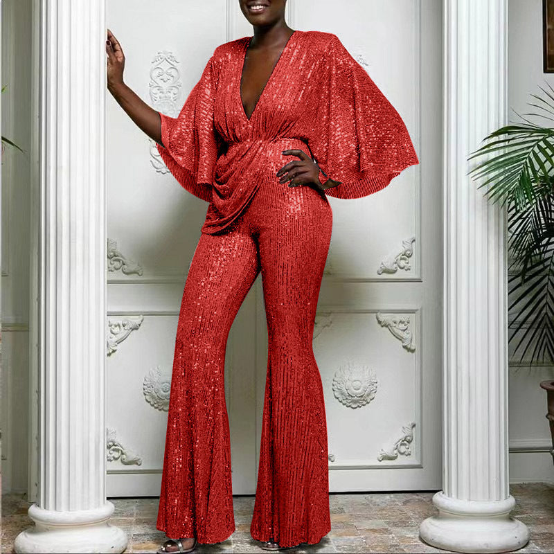 GR | Sequin Deep V Backless Long Pants Jumpsuit