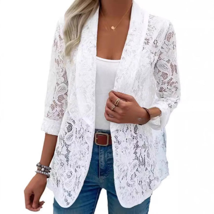 Damen leichte Spitzenjacke mit lässigem Schnitt und offene Front GR