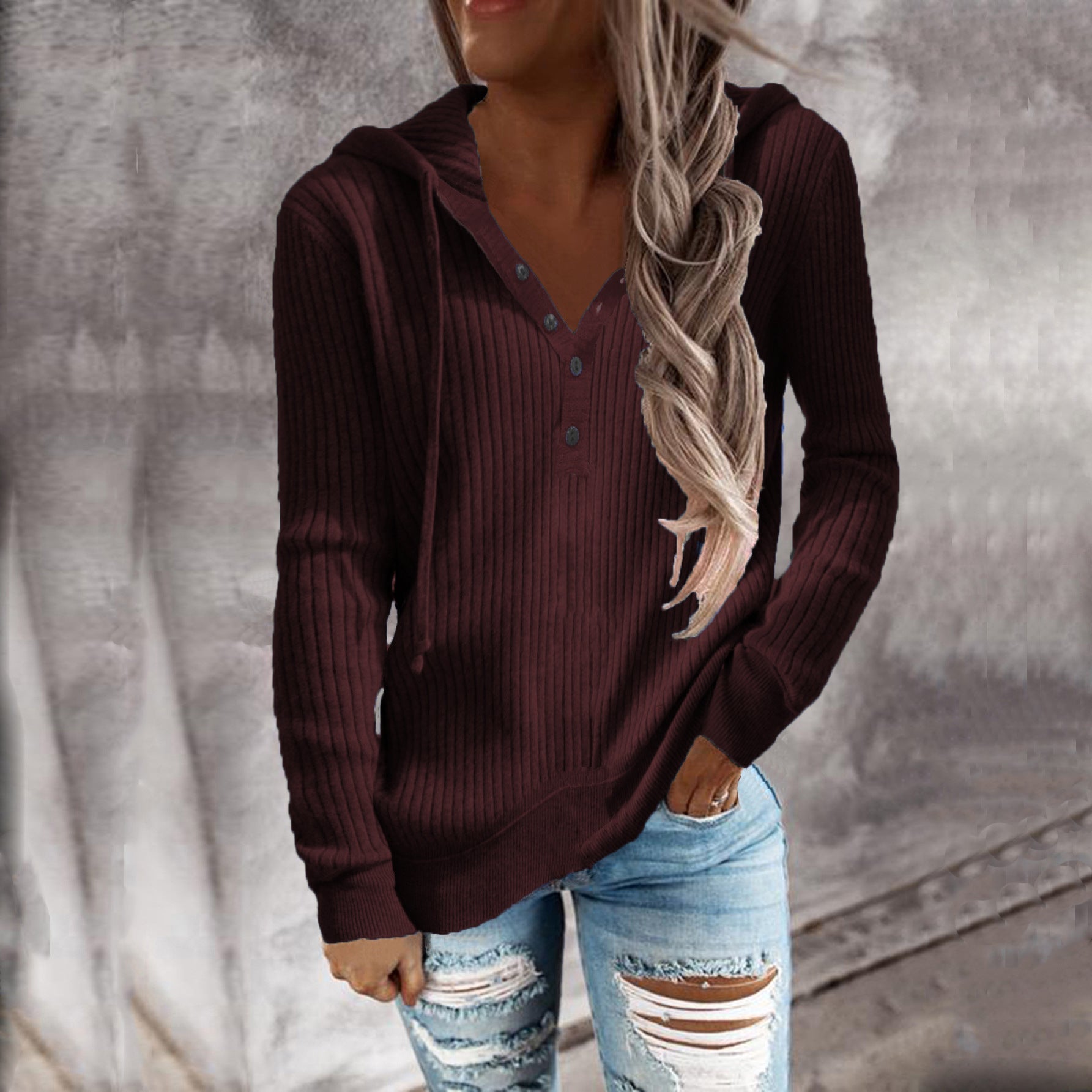 Damen Kapuzenpullover mit strukturiertem Rippdesign und praktischen Knopfdetails GR