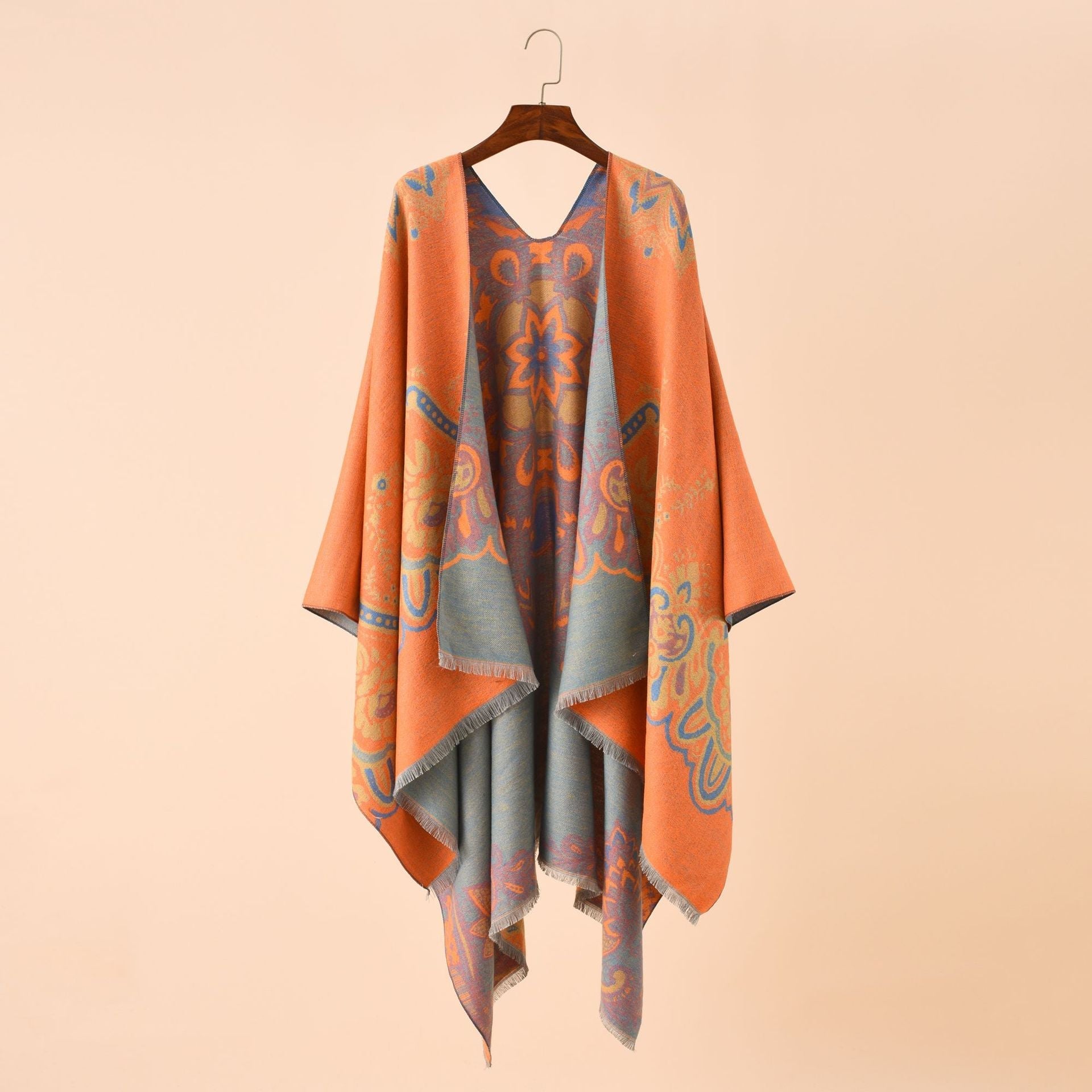 Women's Elegant Kimono Poncho with Artful Pattern and Fringed Edges GR