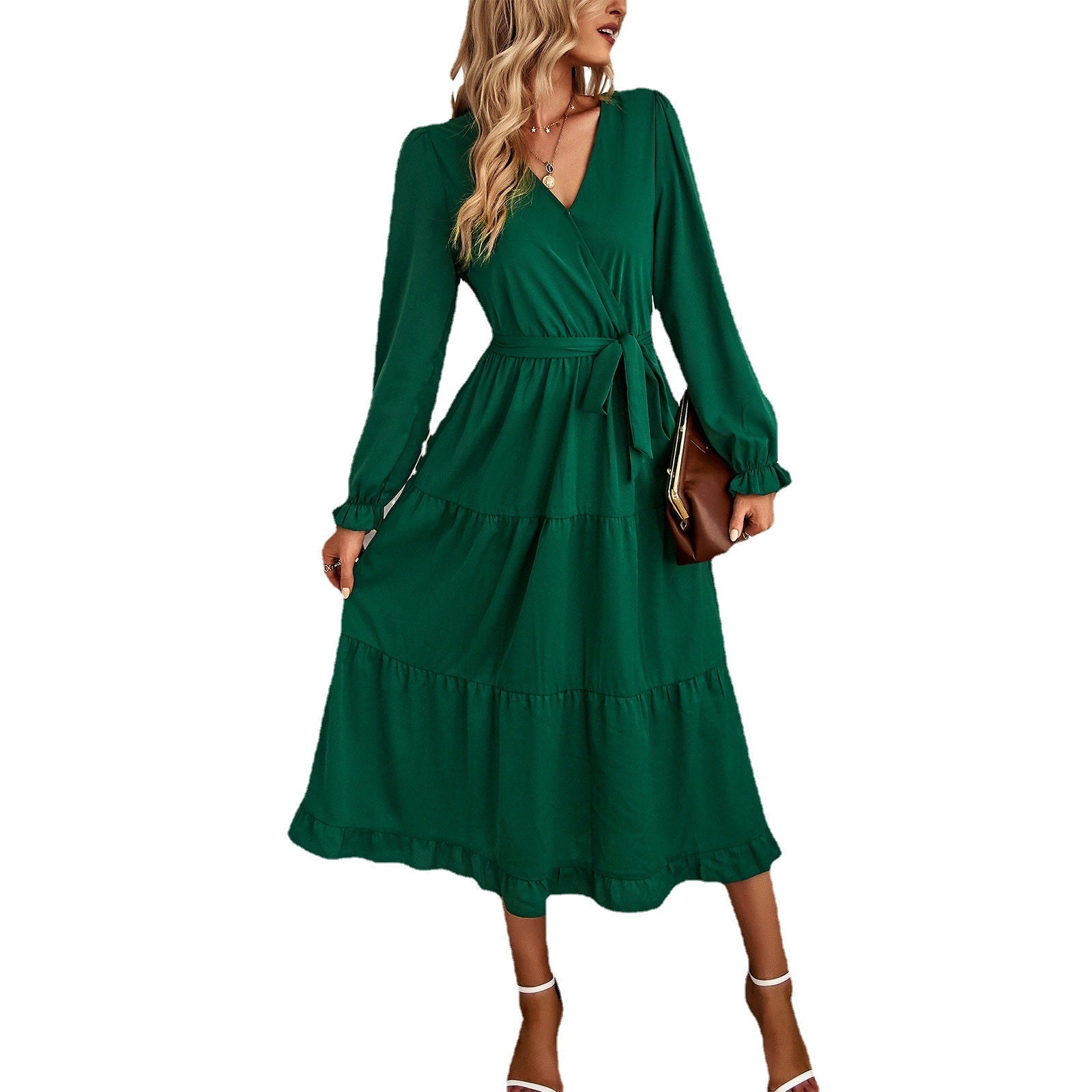 Women's wrap dress with ruffle details and elegant puff sleeves, size [size missing]
