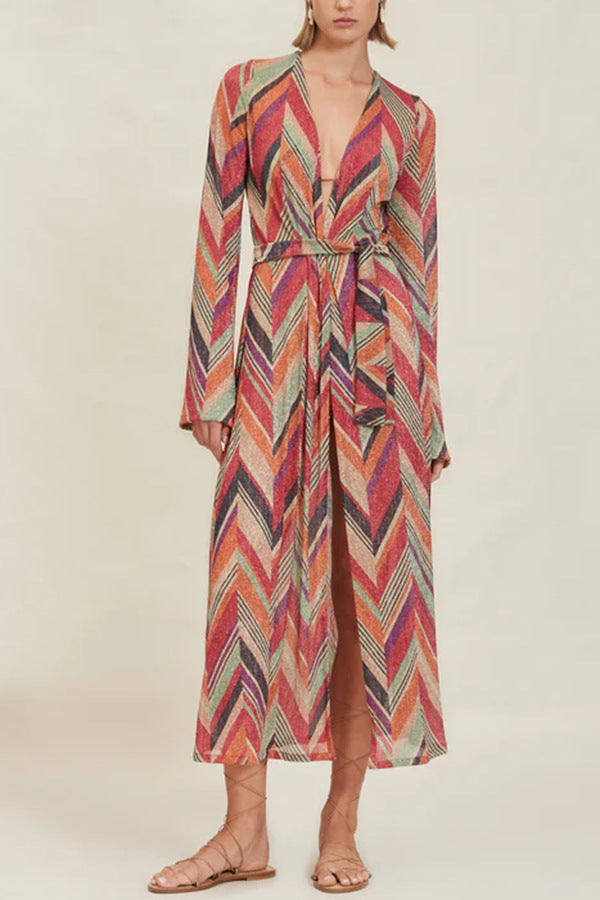 Women's casual beach suit with geometric pattern and loose fit, size