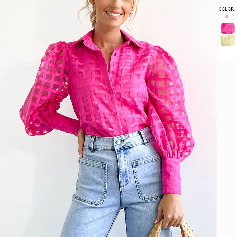 Women's checked shirt with sheer puff sleeves, size