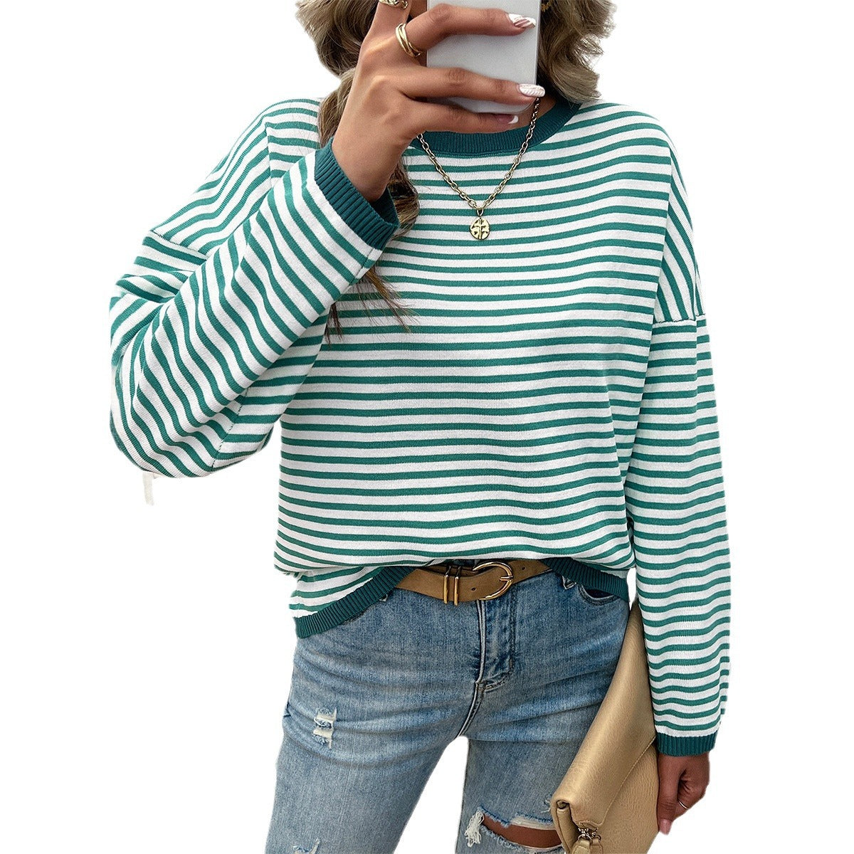 Women's casual striped sweater with colored accents, size