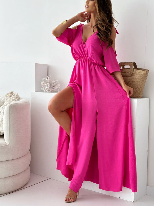 GR | Satin-Träger-Spitzen-V-Ausschnitt-Langes Kleid