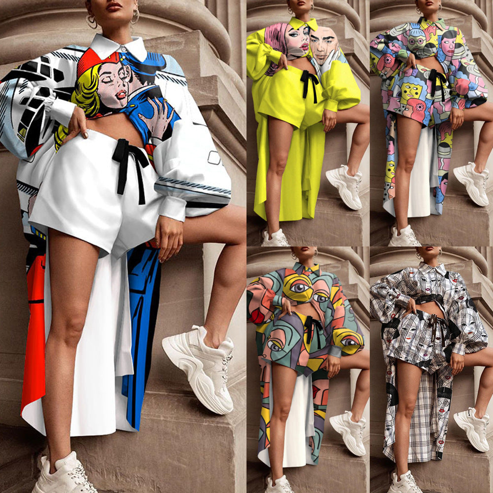 Women's oversized shirt with graphic print and shorts combination, size S