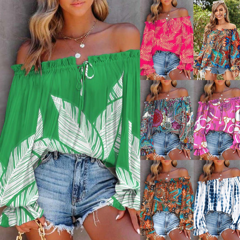 Women's off-the-shoulder blouse with colorful pattern and elastic hem, size [size missing]
