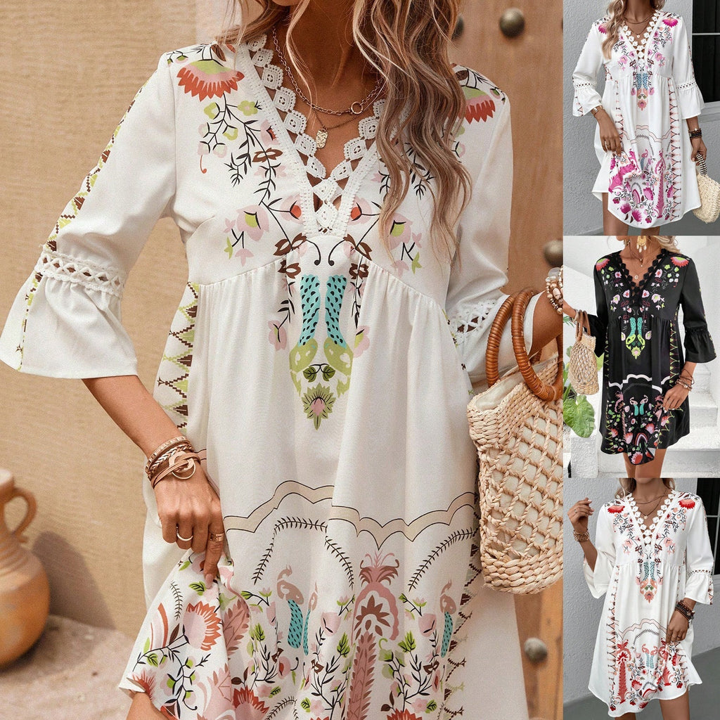 Damen Boho-inspiriertes Kleid mit verspielten Stickdetails und weich fließendem Schnitt GR