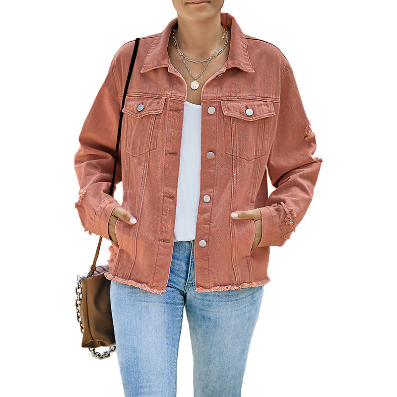 Women's denim jacket with a relaxed fit and functional pockets, size