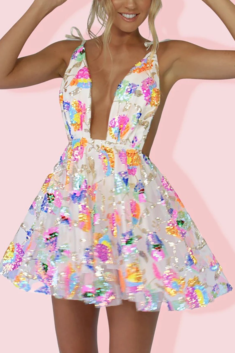 GR | Regenbogen Pailletten Offene Rücken Slip Mini Kleid