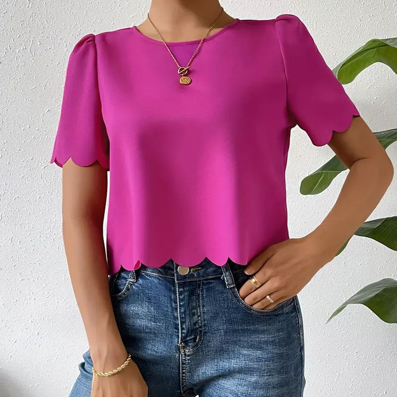 Women's top with wavy hem and airy sleeves, size