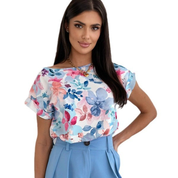 GR | Summer printed round neck loose shirt 