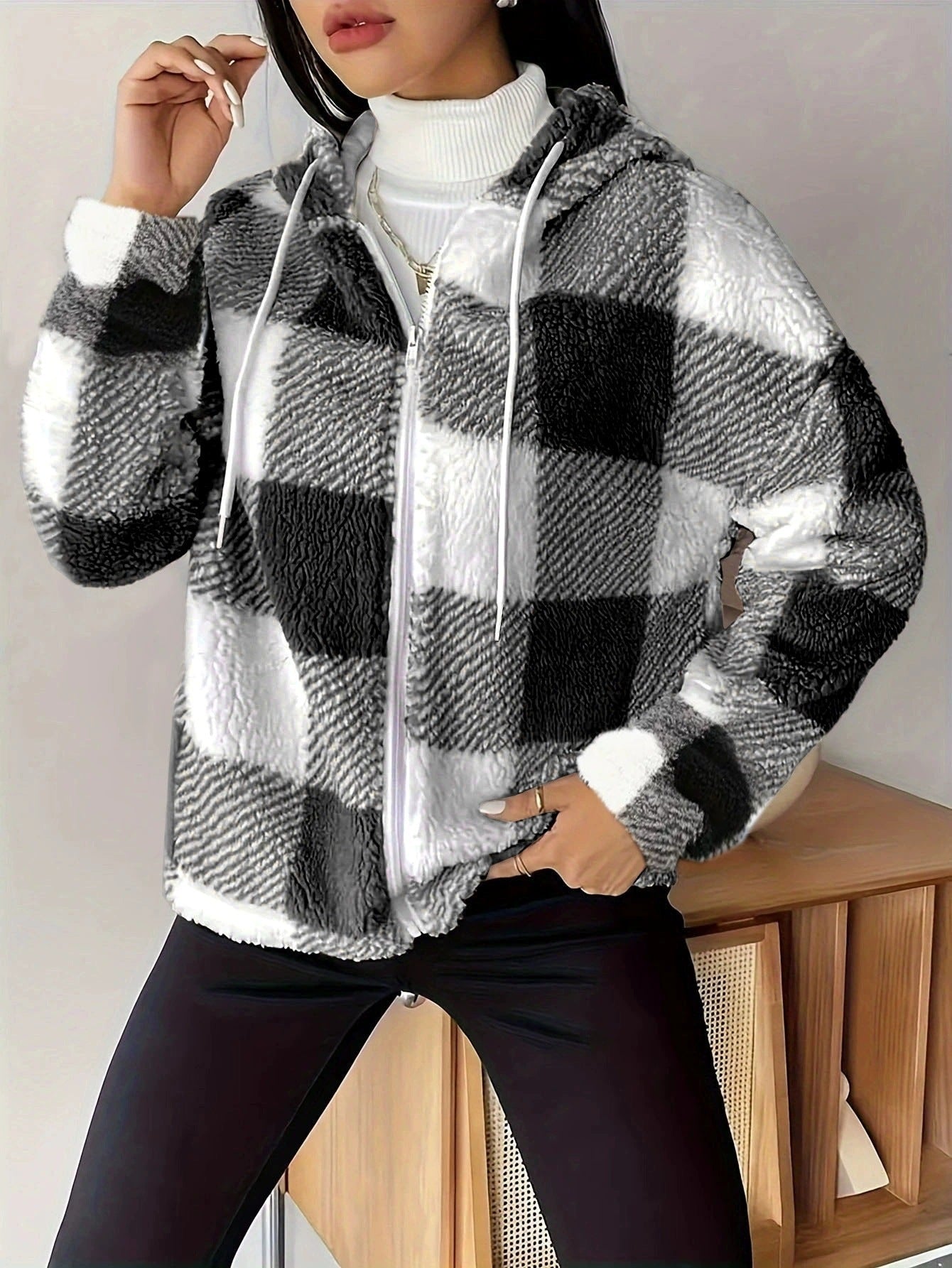 GR | Kariert Teddy Hoodie Jacke | Warm und Bequem für den Winter