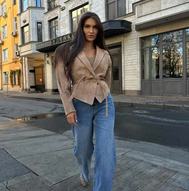 Women's transitional jacket in soft suede with adjustable belt and voluminous sleeves, size S