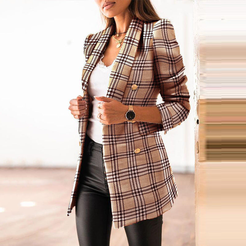 Women's elegant tweed blazer jacket with double button placket and modern cut, size S