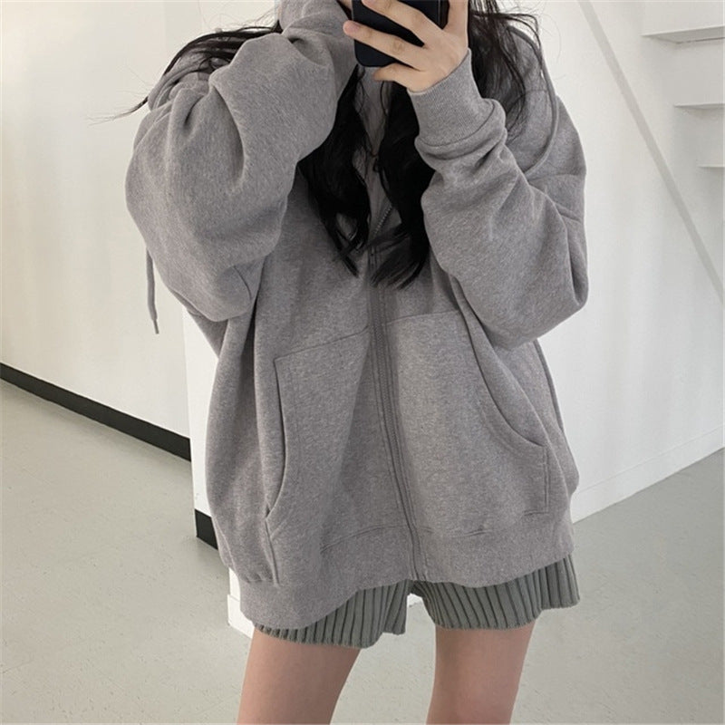 GR Zip-up Oversized Solid Pocket Hooded Long Sleeve Loose Baseball Jacket