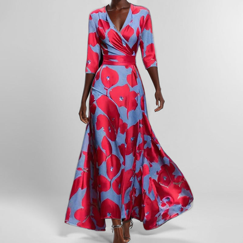 GR | Elegant V-neck printed waist dress with peplum