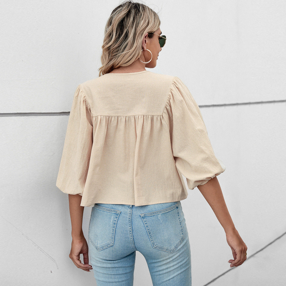 Damen Blusenshirt mit eleganten Puffärmeln und schickem Kordelzug GR