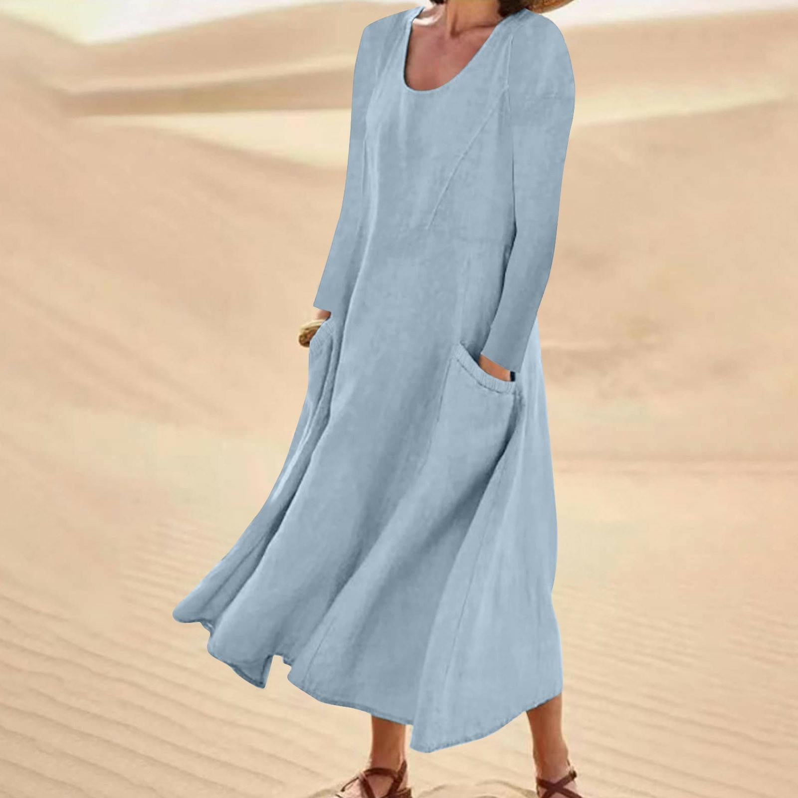 GR | Solid color dress with long sleeves and round neckline
