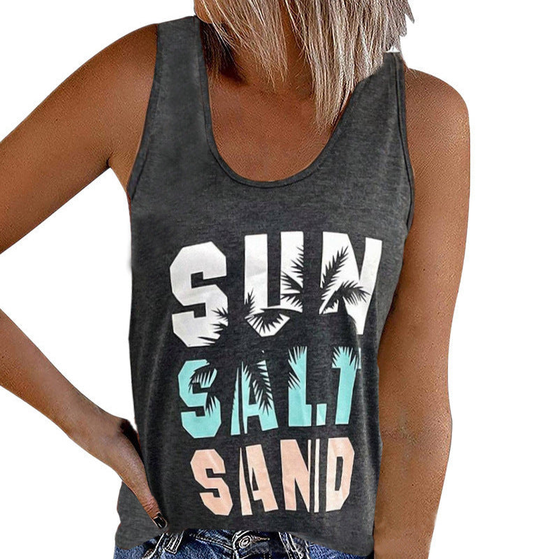 Women's sleeveless casual shirt with trendy graphic design, size